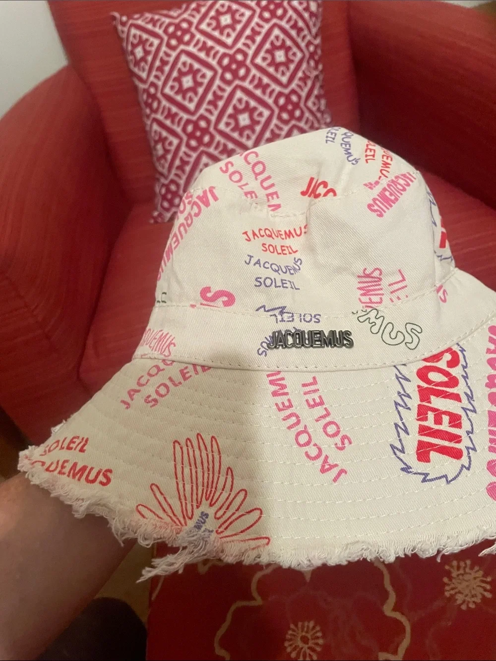 Designer inspired Beige Bucket Hat with Pink & Purple Graphic Print